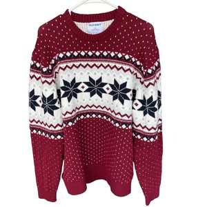 Old Navy Sweater Mens Extra Large XL Red Christmas Poinsetta Long Sleeve Knit